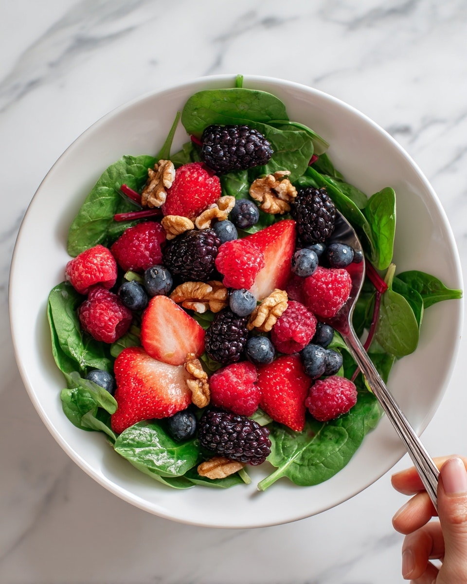 A white bowl filled with fresh green spinach leaves as the base layer. On top of the spinach, there is a colorful mix of bright red raspberries, deep blue blueberries, dark purple blackberries, and sliced red strawberries, all spread evenly. Scattered throughout are small clusters of light brown walnuts adding texture. A silver spoon is placed inside the bowl, resting on the edge. The bowl sits on a white marbled surface. Photo taken with an iphone --ar 4:5 --v 7