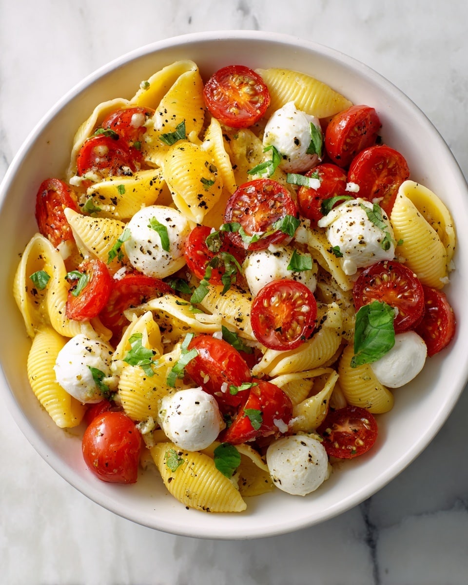 A close-up view of a white bowl filled with short, ridged shell pasta that is pale yellow and glossy, layered with halved bright red cherry tomatoes and small round white mozzarella balls. The dish is sprinkled with freshly ground black pepper and bits of green basil leaves, with a light drizzle of olive oil that adds a slight shine. The textures contrast with the smooth mozzarella, juicy tomatoes, and firm pasta, all sitting on a white marbled background. photo taken with an iphone --ar 4:5 --v 7
