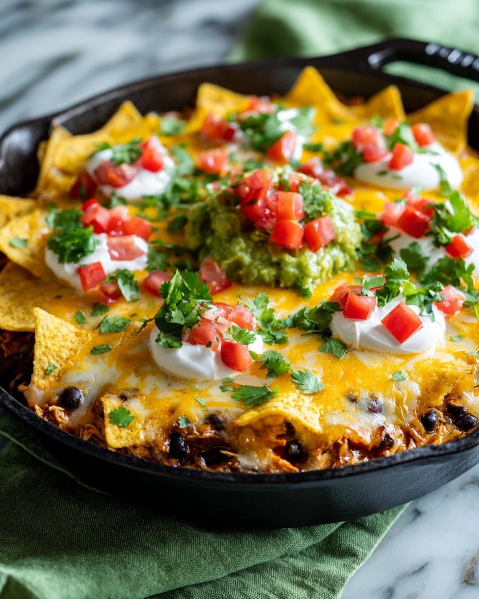 A round black skillet filled with a layered nacho dish on a white marbled surface. The first layer is shredded cooked chicken mixed with black beans, visible around the edges. On top, there is a generous layer of melted golden cheddar cheese covering most of the chicken and beans. Spread throughout the dish are triangular yellow corn chips, some slightly buried in the cheese. Dollops of white sour cream are placed on top in different spots, and five mounds of bright green guacamole sit in the center. Small diced red tomatoes and fresh green cilantro leaves are sprinkled across the entire dish for color and freshness. Photo taken with an iphone --ar 4:5 --v 7