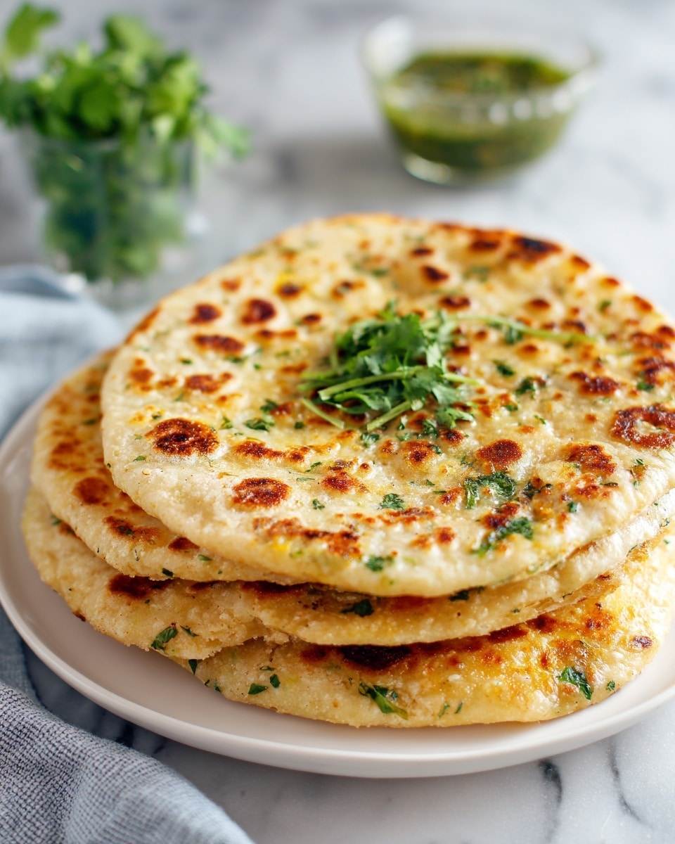 A stack of four golden-brown flatbreads sits in the center of a white plate on a white marbled surface. Each flatbread is thin with a slightly crispy texture and flecks of green herbs throughout. The top flatbread is garnished with a small bunch of fresh green coriander leaves. In the blurred background, a glass bowl with a green sauce and some fresh green herbs add a fresh touch. Photo taken with an iphone --ar 4:5 --v 7