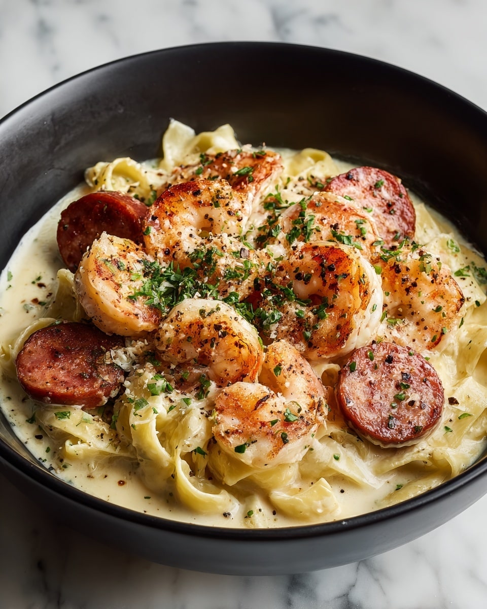 A close-up of a black pan filled with creamy fettuccine pasta coated in a light yellow sauce, mixed with browned sausage slices and chunks, scattered throughout the dish. On top, there are several large, pinkish-orange grilled shrimp with light char marks, sprinkled with finely chopped green herbs and black pepper. The background shows a white marbled texture, adding a clean contrast to the rich, warm colors of the food. photo taken with an iphone --ar 4:5 --v 7