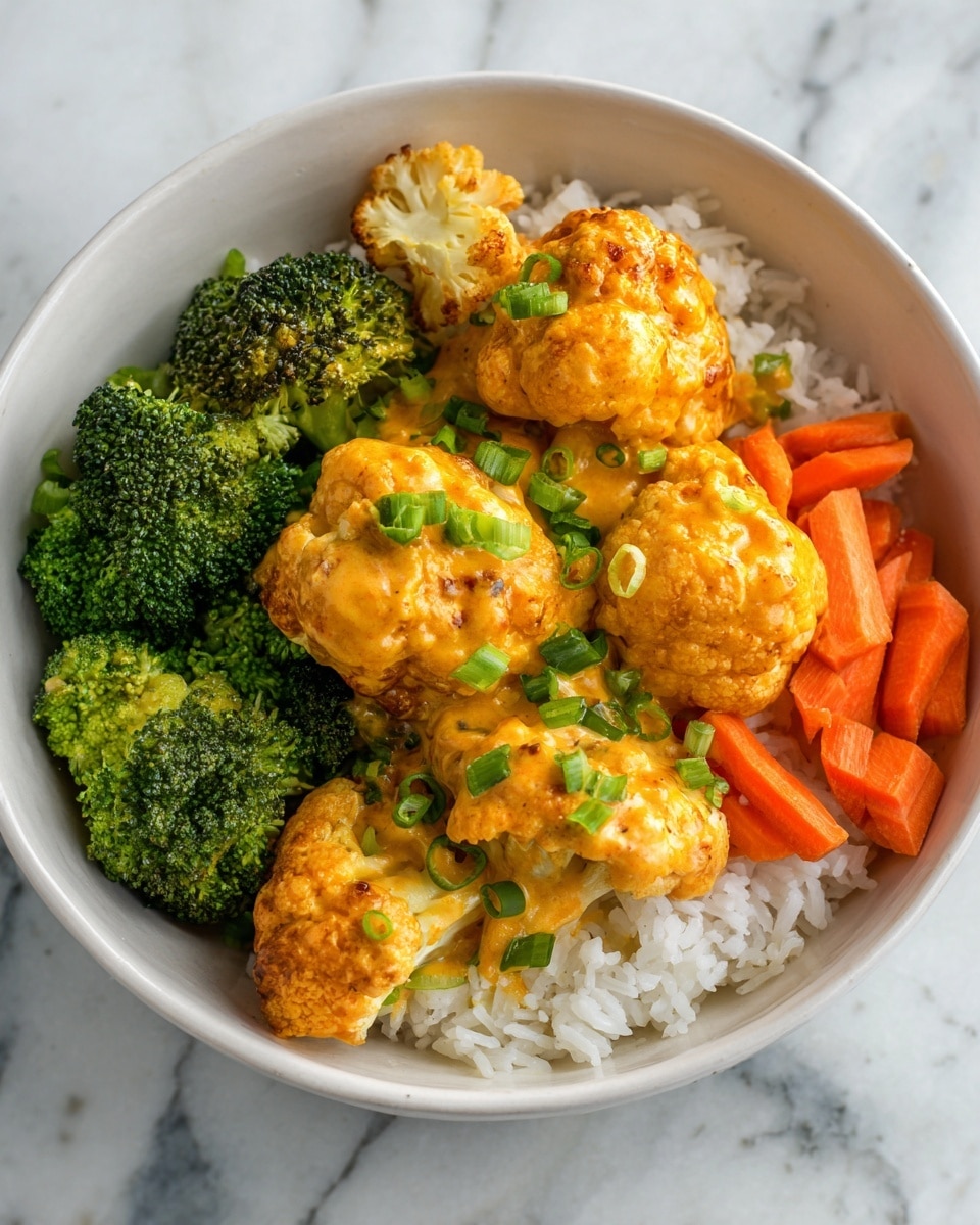 The dish is served in a white bowl filled with three main layers. The bottom layer is composed of soft white rice that looks fluffy. On top of the rice, there is a layer of cooked broccoli florets on one side, rich green in color with a fresh texture, and bright orange carrot sticks on the other side, neatly arranged. The top layer consists of golden-brown glazed chicken pieces, coated with a creamy orange sauce, sprinkled with chopped green onions for garnish. The whole bowl is placed on a white marbled surface. Photo taken with an iphone --ar 4:5 --v 7