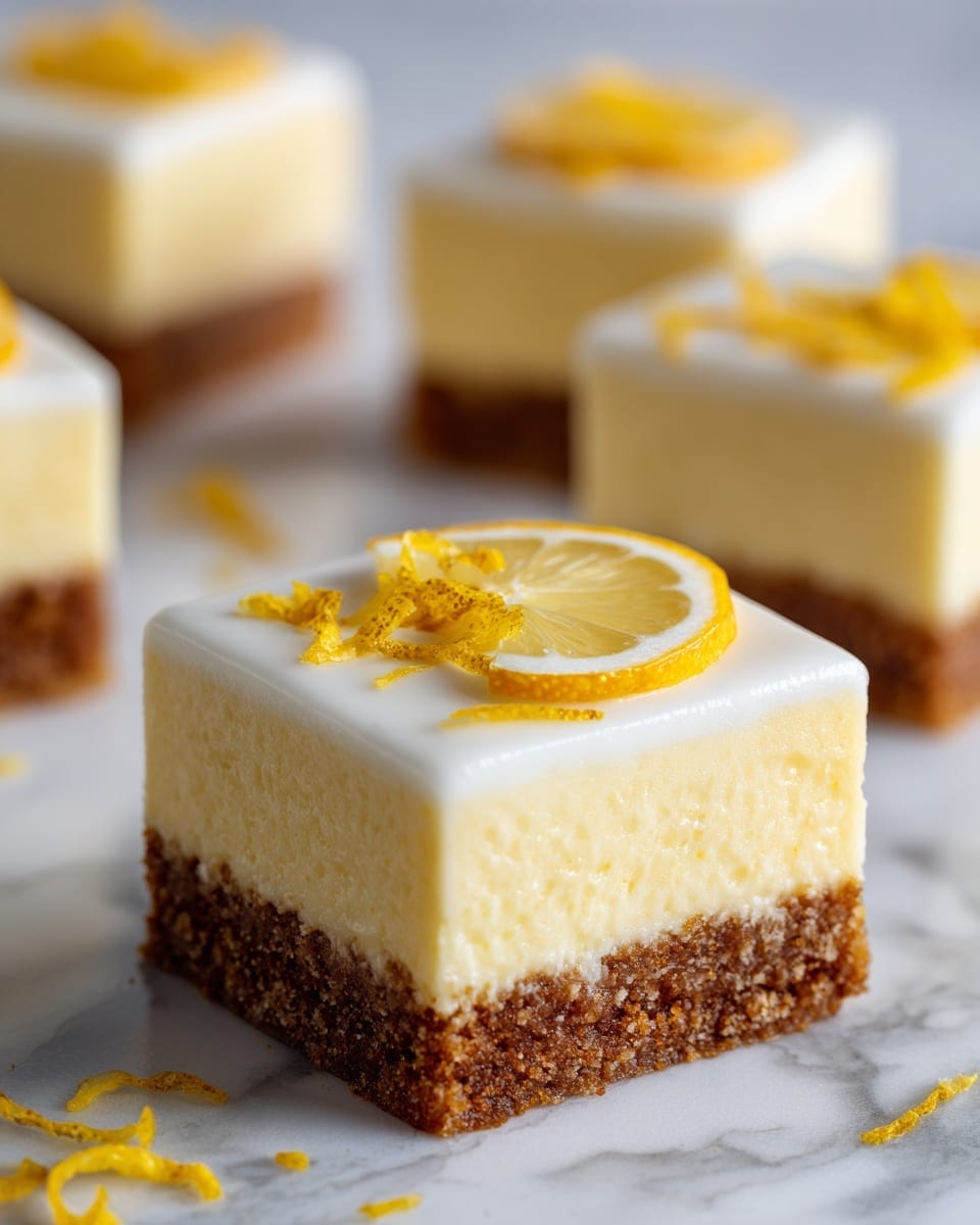 The image shows a close-up of a single square piece of lemon bar with three clear layers. The bottom layer is a brown crumbly crust, rough in texture. The middle layer is a thick, smooth, pale yellow lemon filling. The top layer is a thin, white glaze, shiny and smooth, with a small round slice of lemon placed in the center and sprinkled with thin strips of lemon zest. The lemon bar rests on a white marbled surface with several more pieces blurred in the background. Photo taken with an iphone --ar 4:5 --v 7
