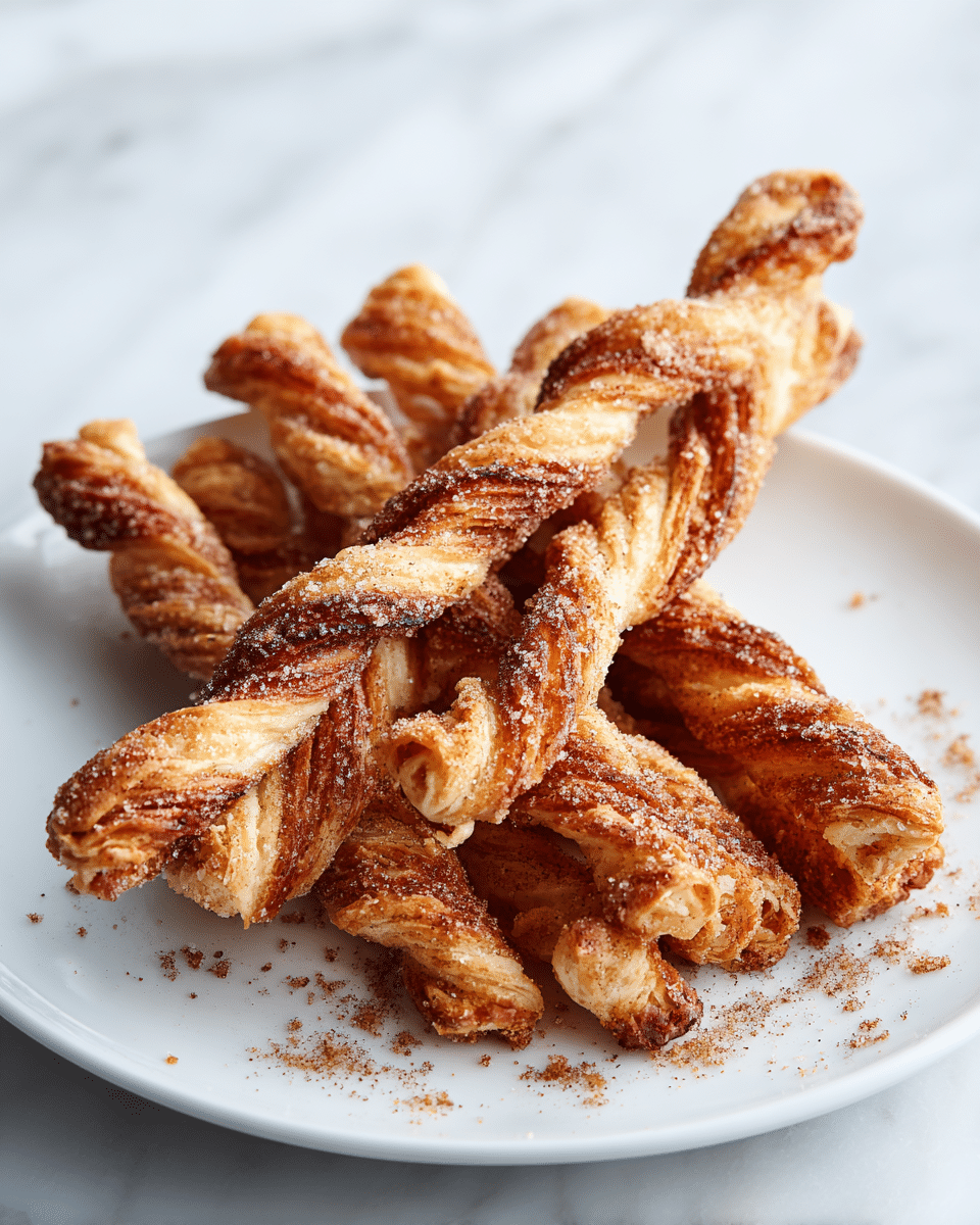 A white plate holds several twisted puff pastry sticks stacked in a loose pile, each stick showing golden-brown layers with a crispy, flaky texture. The pastries are coated with a layer of cinnamon and sugar, which glistens under the light, highlighting the contrast between the brown spice and the light golden dough beneath. Coarse sugar crystals are scattered on the pastries and the plate, adding sparkle and texture. The white marbled background adds a soft, clean look to the scene. photo taken with an iphone --ar 4:5 --v 7