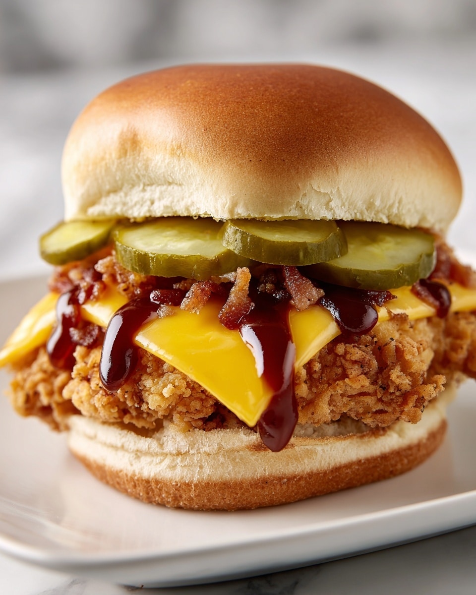 A close-up of a sandwich on a white plate with a white marbled surface, showing a soft light-brown bun cut open to hold crispy fried chicken at the bottom layer. On top of the chicken is a layer of melted bright orange cheese, followed by a layer of small crunchy dark brown bacon bits. Over the bacon, there are zigzag lines of bright yellow mustard and thick dark brown barbecue sauce. The top layer features four round light green pickle slices resting on the sauce. Photo taken with an iphone --ar 4:5 --v 7