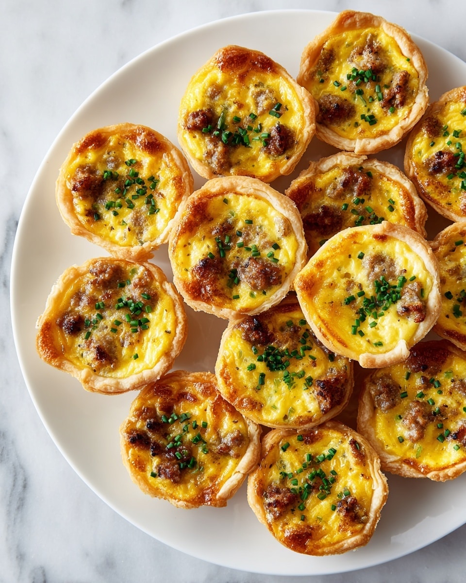 A round white plate holds fifteen mini quiches arranged closely in neat rows. Each quiche has a golden brown flaky crust forming a cup shape, filled with a smooth, bright yellow egg custard layer. Small browned sausage pieces are scattered inside, mixed into the custard. Fresh green chopped herbs are sprinkled on top of each quiche, adding a pop of color. The plate sits on a white marbled textured surface. photo taken with an iphone --ar 4:5 --v 7