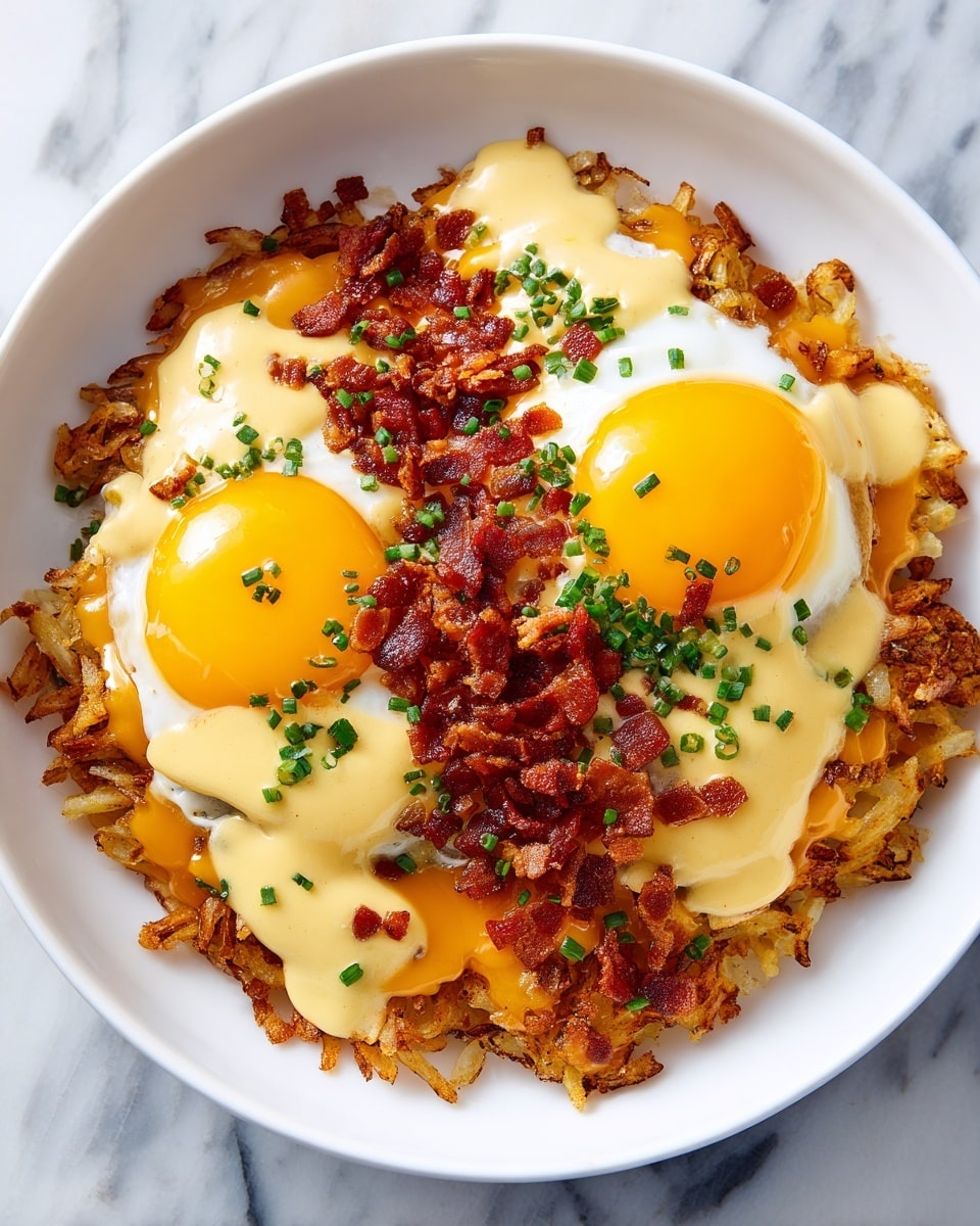 A white deep plate holds a large serving of crispy, golden brown hash browns forming the base layer with a slightly crunchy texture. On top of the hash browns is a generous layer of melted yellow cheddar cheese mixed with light brown sausage gravy that adds a creamy texture. Over this, two perfectly cooked sunny-side-up eggs with bright yellow yolks and set whites rest closely side by side. Smooth, pale yellow hollandaise sauce is drizzled richly over the eggs and cheese layer. Finally, small pieces of crispy reddish-brown bacon bits are sprinkled on the very top. The plate is placed on a white marbled textured surface in a warm kitchen setting in soft natural light. Photo taken with an iphone --ar 4:5 --v 7