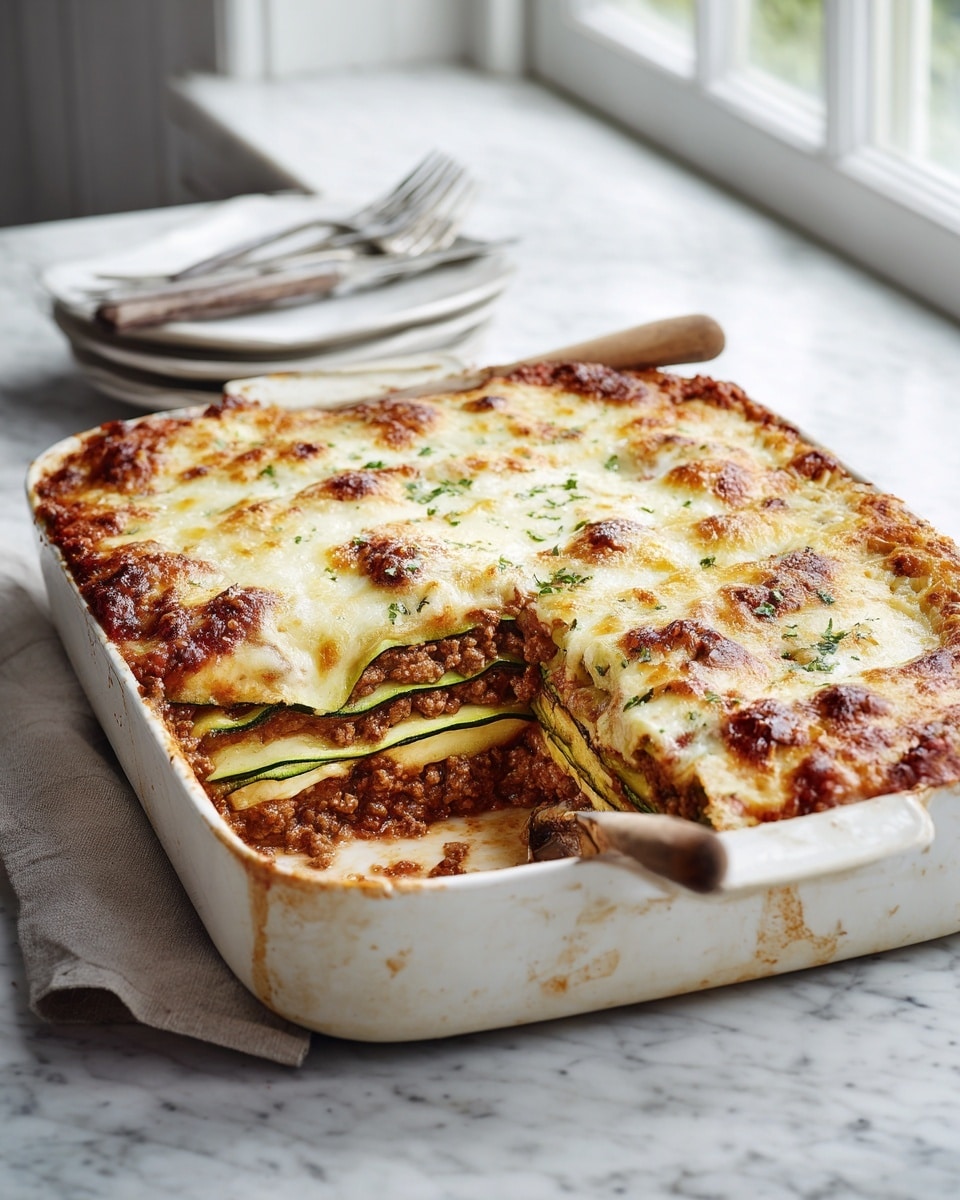 A white baking dish filled with zucchini lasagna that has been sliced to show eight visible layers: thin green zucchini slices, browned ground beef mixed with red marinara sauce, and melted golden-brown cheese on the top. The top layer of cheese is bubbly with some browned spots. The dish sits on a white marbled surface near a window, with two silver forks placed beside it and a wooden spoon to the side, all under natural light. Photo taken with an iphone --ar 4:5 --v 7