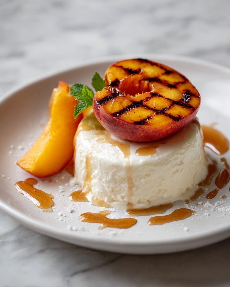 The image shows a grilled peach with dark grill marks, sliced in half and placed on top of a smooth, creamy white base that looks like a thick yogurt or cream. Next to the peach half, there is a small peach wedge. The dish is served on a white plate with a slightly raised rim, and there are thin lines of caramel or honey sauce drizzled around the cream, adding a golden color contrast. The plate sits on a white marbled surface. photo taken with an iphone --ar 4:5 --v 7