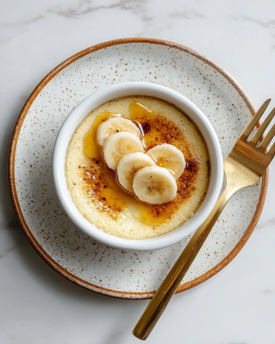 A close-up view of a single-layer light, fluffy pudding or cake in a small white bowl placed on a larger white plate with a brown rim. On top of the pudding are three round banana slices arranged in a loose triangle. A glossy light brown syrup is drizzled over the banana slices and the pudding, creating a sticky and shiny texture. To the right of the plate, a gold fork lies flat on a white marbled surface. The overall color scheme is soft and neutral, highlighting the creamy yellow pudding and fresh banana slices. photo taken with an iphone --ar 4:5 --v 7