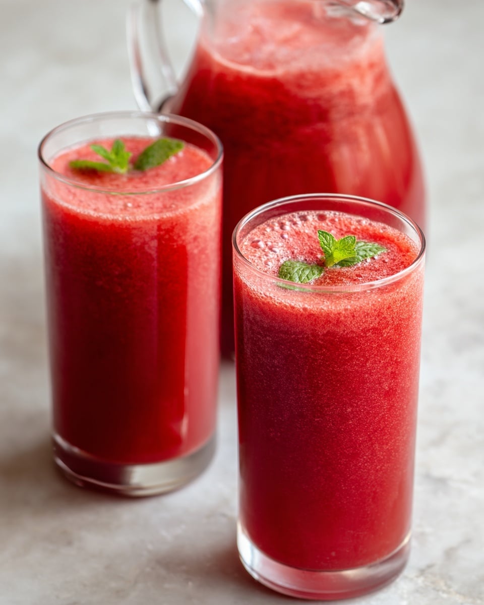 The image shows two tall glasses filled with bright red juice with a frothy top layer, each glass decorated with a small green mint leaf resting gently on the foam. Behind them is a clear glass pitcher about three-quarters full with the same red juice, showing slight bubbles and foam residue on the inside. All items are placed on a clean surface with a white marbled texture, and a soft natural light falls on the scene, highlighting the vibrant color of the juice. photo taken with an iphone --ar 4:5 --v 7