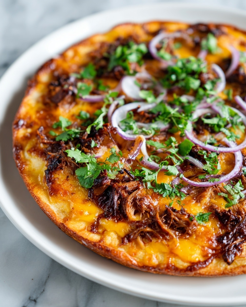 A close-up of a pizza on a white plate set against a white marbled texture surface, showing a thick golden-brown crust as the base layer, topped with a layer of dark reddish-brown barbecue sauce spread unevenly. On top of this sauce, there is a melted cheese layer with a yellowish-white color, partially browned from baking. Scattered on the cheese are pieces of shredded, cooked chicken with a mix of brown and orange hues. Thin slices of purple-red onion are placed unevenly across the top, along with small green cilantro leaves sprinkled all over, adding a fresh contrast. The photo focuses on the side view of the pizza, highlighting textures and colors in detail, photo taken with an iphone --ar 4:5 --v 7