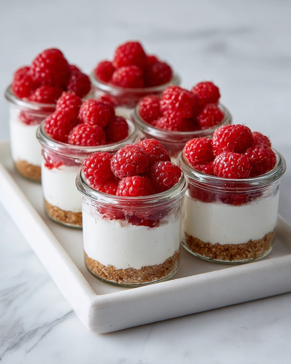 The image shows four small glass jars filled with a three-layer dessert. The bottom layer is made of crumbly, light brown crumbs. The middle layer is smooth and creamy white, filling about half the jar. The top layer is made of bright red raspberries, placed closely together, covering the cream completely. The jars sit on a white marbled surface. The photo taken with an iphone --ar 4:5 --v 7