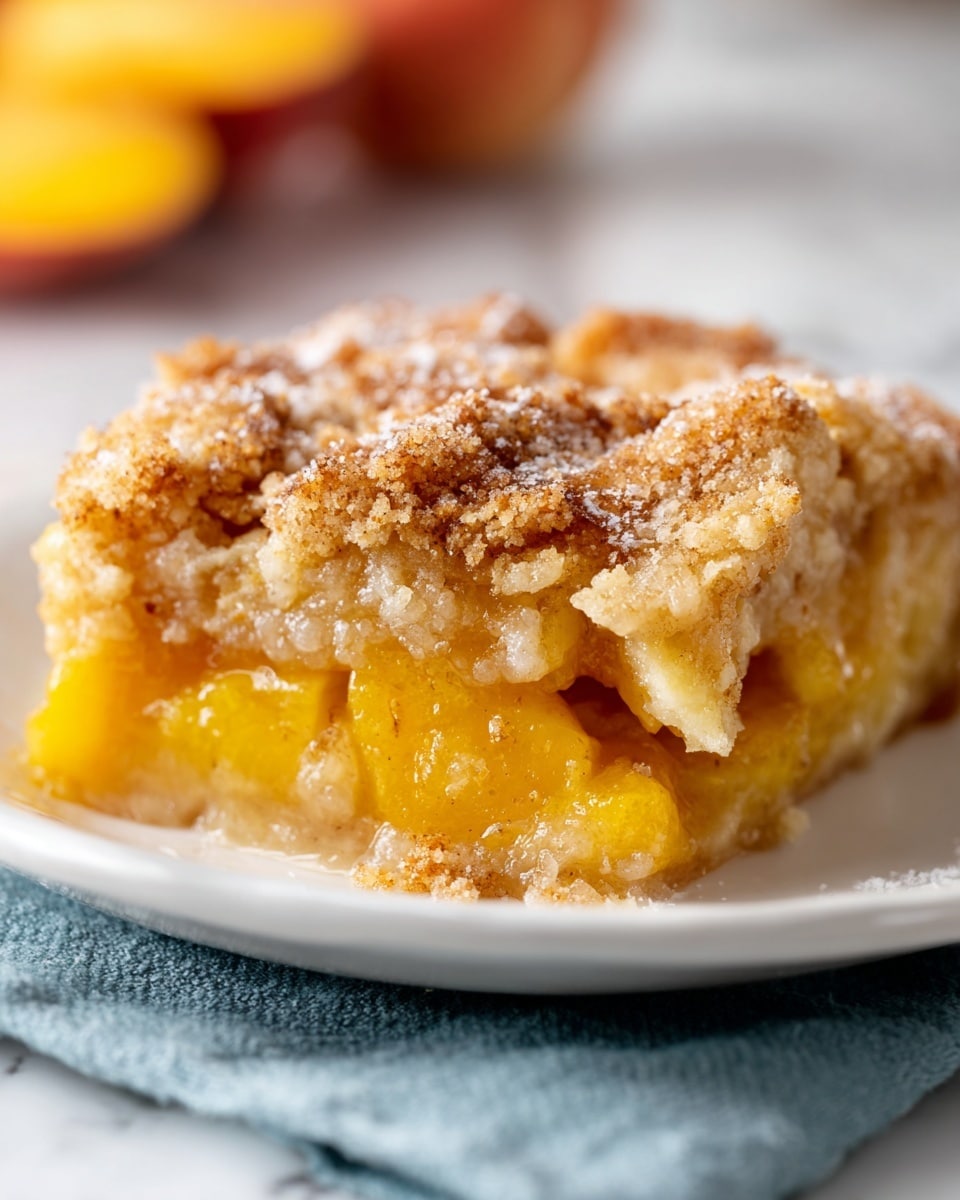 The image shows a slice of peach cobbler on a white plate with a delicate decorative edge, sitting on a blue cloth. The cobbler slice has three clear layers: a golden crumbly crust on top with a slightly crunchy texture and a sprinkled cinnamon dusting, a middle layer of soft, juicy peach chunks in a thick syrup, and a bottom layer of baked dough that looks soft and moist. The white marbled surface beneath the plate adds a clean and bright background. The lighting highlights the warm colors and textures of the cobbler, making it look fresh and inviting. Photo taken with an iphone --ar 4:5 --v 7