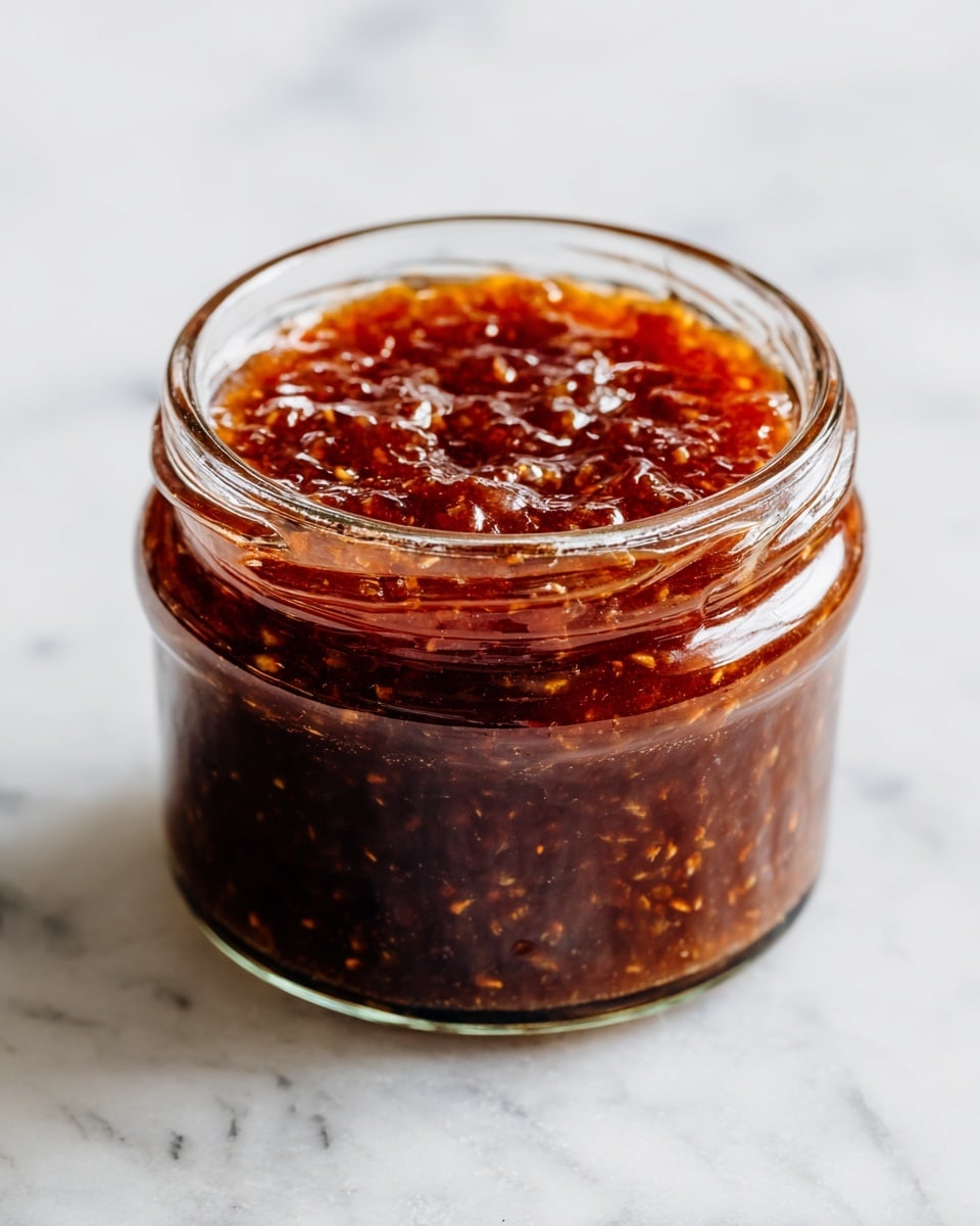 A small clear glass jar filled with a thick, glossy, dark amber spread that has small seeds and fruit pieces visible inside. The spread reaches just under the jar's rim and has a slightly uneven, textured surface. The jar sits on a white marbled surface. photo taken with an iphone --ar 4:5 --v 7