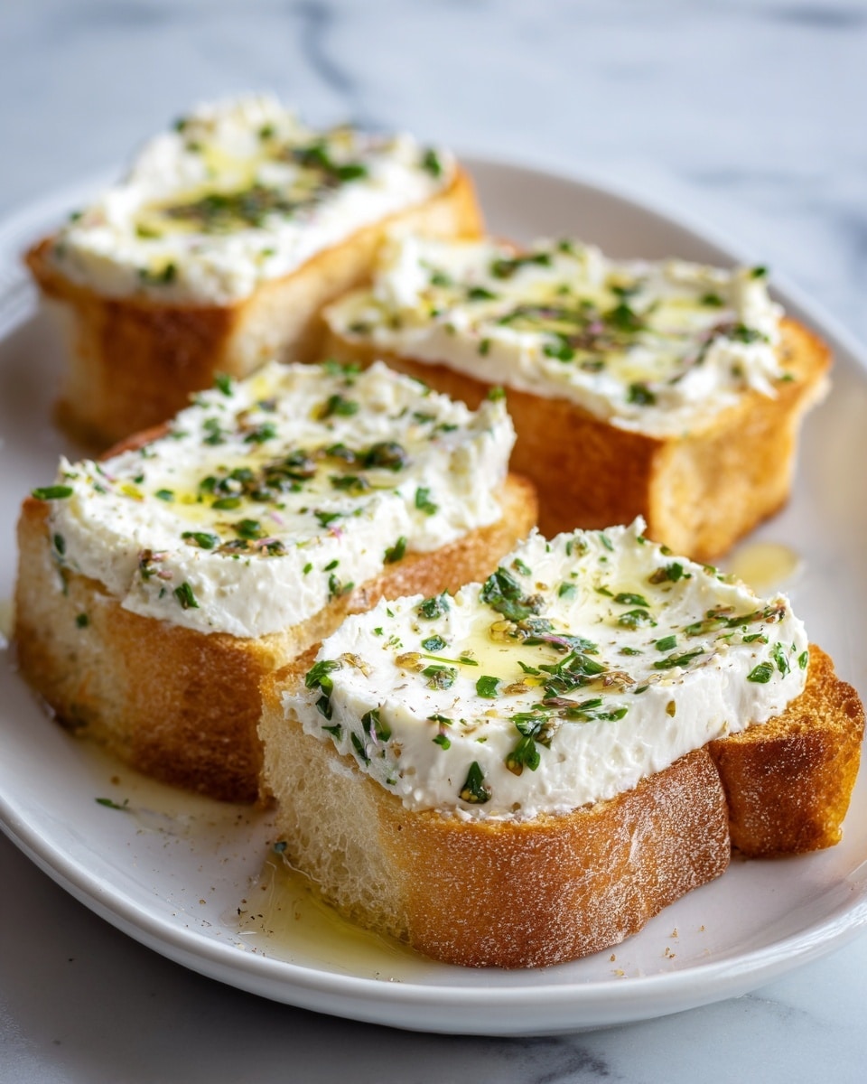The image shows four slices of white bread toasted to a light golden brown, each topped with a thick dollop of creamy white cheese mixed with green herbs, giving the cheese a textured, slightly chunky appearance. The cheese is drizzled with a light yellow olive oil and sprinkled with small pieces of fresh green herbs and a bit of black pepper. The toasts are arranged on a white plate with a glossy finish, resting on a white marbled surface. A woman's hand is reaching towards the toasts. Photo taken with an iphone --ar 4:5 --v 7
