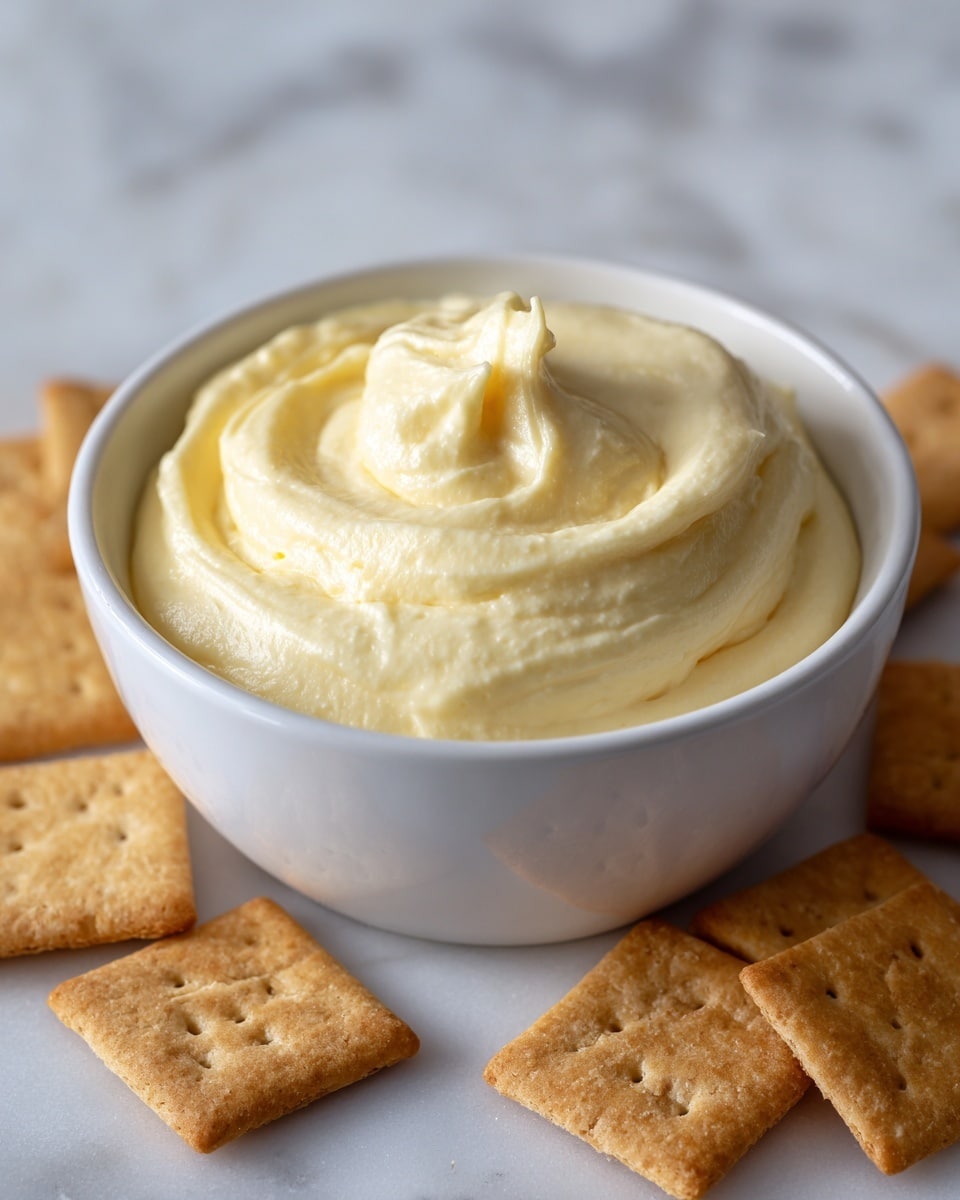 A small white ceramic bowl sits on a white marbled surface, filled with a creamy, smooth dip that has a pale yellow color. The dip is swirled on top with a little mound in the center, showing slightly uneven texture from the stirring. Around the bowl, there are light brown crackers placed casually, adding contrast to the creamy dip and the bright white bowl. The overall look is simple and clean, with soft, natural lighting highlighting the texture of the dip. Photo taken with an iphone --ar 4:5 --v 7