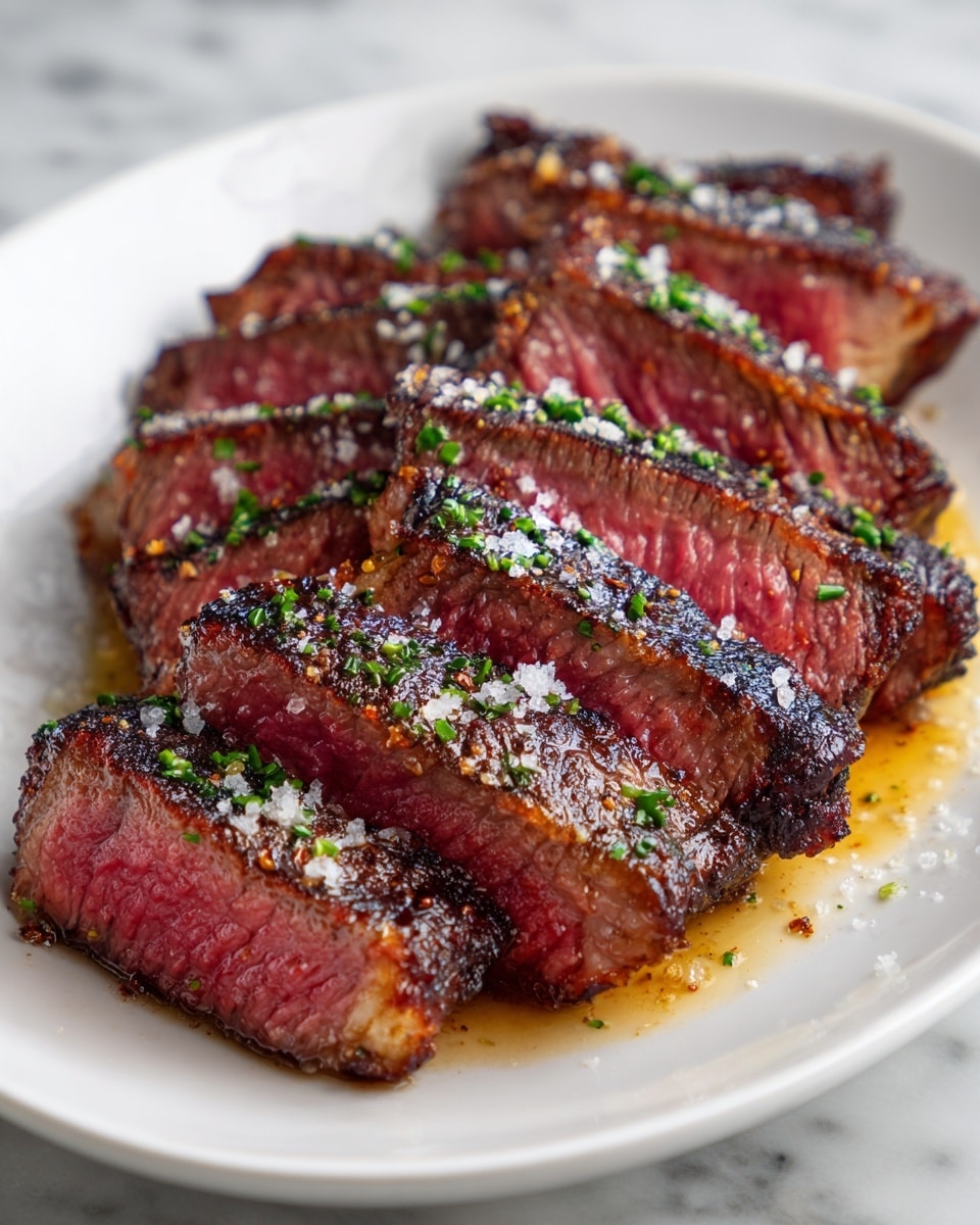 A white plate holds several thick slices of medium-rare steak, arranged in two layers; the top layer shows the charred dark brown crust with specks of seasoning, while the inside of each slice is a warm pink color with visible juiciness. The surface of the steak has a slight gloss from the meat juices and a sprinkle of green herbs and black pepper. The plate is set on a white marbled texture surface. Photo taken with an iphone --ar 4:5 --v 7