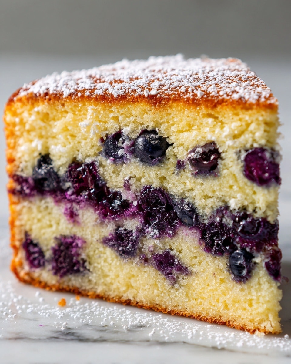 A close-up view of a slice of blueberry cake with three clear layers: the top layer is golden brown with a slightly rough texture and light dusting of powdered sugar; the middle layer is soft and pale yellow with visible blue-purple blueberry spots scattered throughout; the bottom crust layer is darker brown and crisp. The cake is moist and dense, with blueberries embedded deeply inside, bursting with rich purple color. The slice is placed on a brown wooden board, set against a white marbled texture. photo taken with an iphone --ar 4:5 --v 7