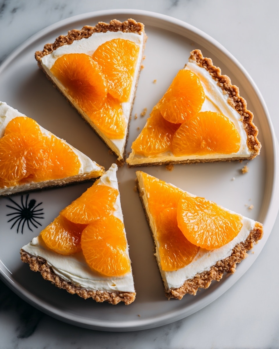 A round white plate holds five slices of a tart, each slice showing three layers: a light brown crust at the bottom with a crumbly texture, a thick middle layer of smooth white cream, and on top, bright orange mandarin slices arranged in a neat row. The mandarin slices are glossy and slightly translucent, adding a fresh and juicy look. The white marbled surface beneath the plate creates a clean, soft background, and a fake black spider toy is partly visible near the plate’s edge. photo taken with an iphone --ar 4:5 --v 7