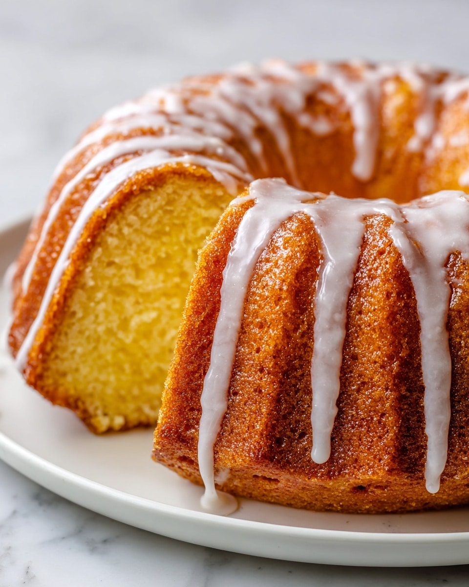 A round bundt cake with a golden brown crust and soft, yellow inside is shown on a white plate. The cake has ridges from the bundt shape and is topped with white icing, drizzled in thick lines that slightly drip down the sides. One slice is cut out, showing the moist, fluffy texture inside. The background is a white marbled texture. photo taken with an iphone --ar 4:5 --v 7