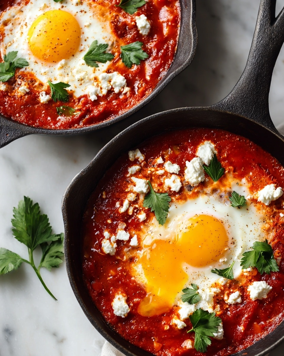 The dish is presented in a black cast iron skillet filled with a rich, chunky red tomato sauce layer that covers the bottom and edges. Three sunny-side-up eggs sit on top, with their bright yellow yolks contrasting against the white egg whites, two whole with one yolk slightly broken and oozing golden yolk. Scattered over the eggs and sauce are small white crumbles of cheese, and fresh green parsley leaves add a pop of color across the surface. The skillet rests on a white marbled texture, and nearby are two silver spoons on a striped cloth. photo taken with an iphone --ar 4:5 --v 7