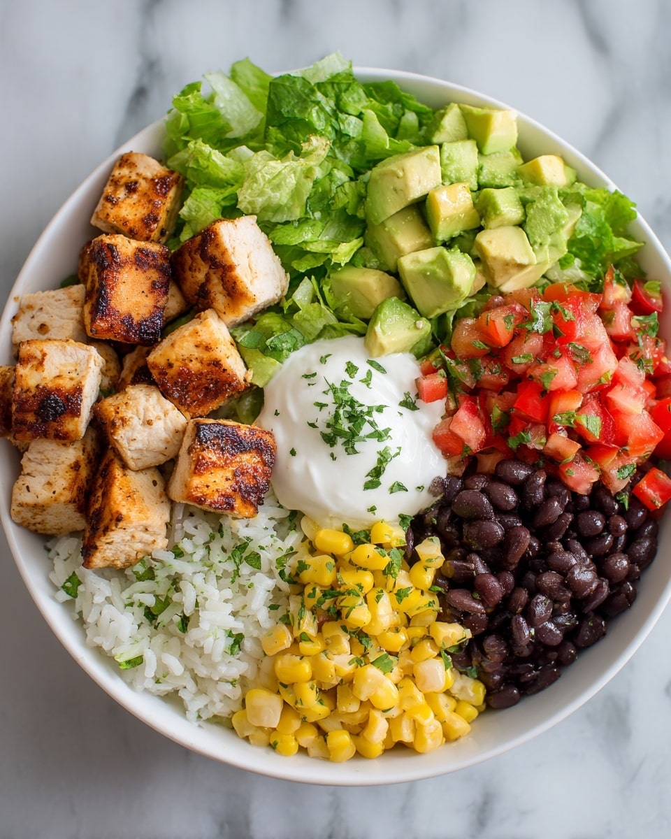 A bowl filled with six distinct layers arranged side by side: bright green chopped lettuce on the left, light green cubes of avocado above it, and red diced tomatoes next to the avocado, all sprinkled with small green herbs. Below the tomatoes, a golden-yellow layer of cooked corn kernels is placed beside shiny black beans. Toasted brown grilled chicken cubes with grill marks sit next to the lettuce, and fluffy white rice with green herbs is under the chicken and beans. In the center of the bowl is a dollop of white sour cream topped with a small green herb. The bowl is white speckled, set on a white marbled surface. Photo taken with an iphone --ar 4:5 --v 7