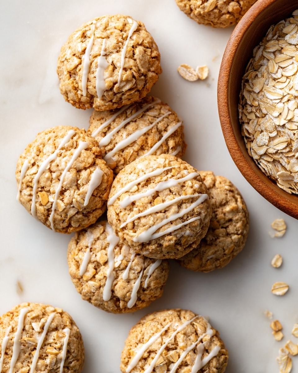 A close-up view of round oatmeal cookies with a rough, crunchy texture, light brown in color, each cookie topped with an uneven white glaze that drips slightly into the cookie cracks. The cookies are closely placed on a white marbled surface, with a wooden spoon filled with dry oats resting on the right side, oats spilling slightly onto the surface. The overall image shows about ten cookies with visible oat flakes embedded in the dough. photo taken with an iphone --ar 4:5 --v 7