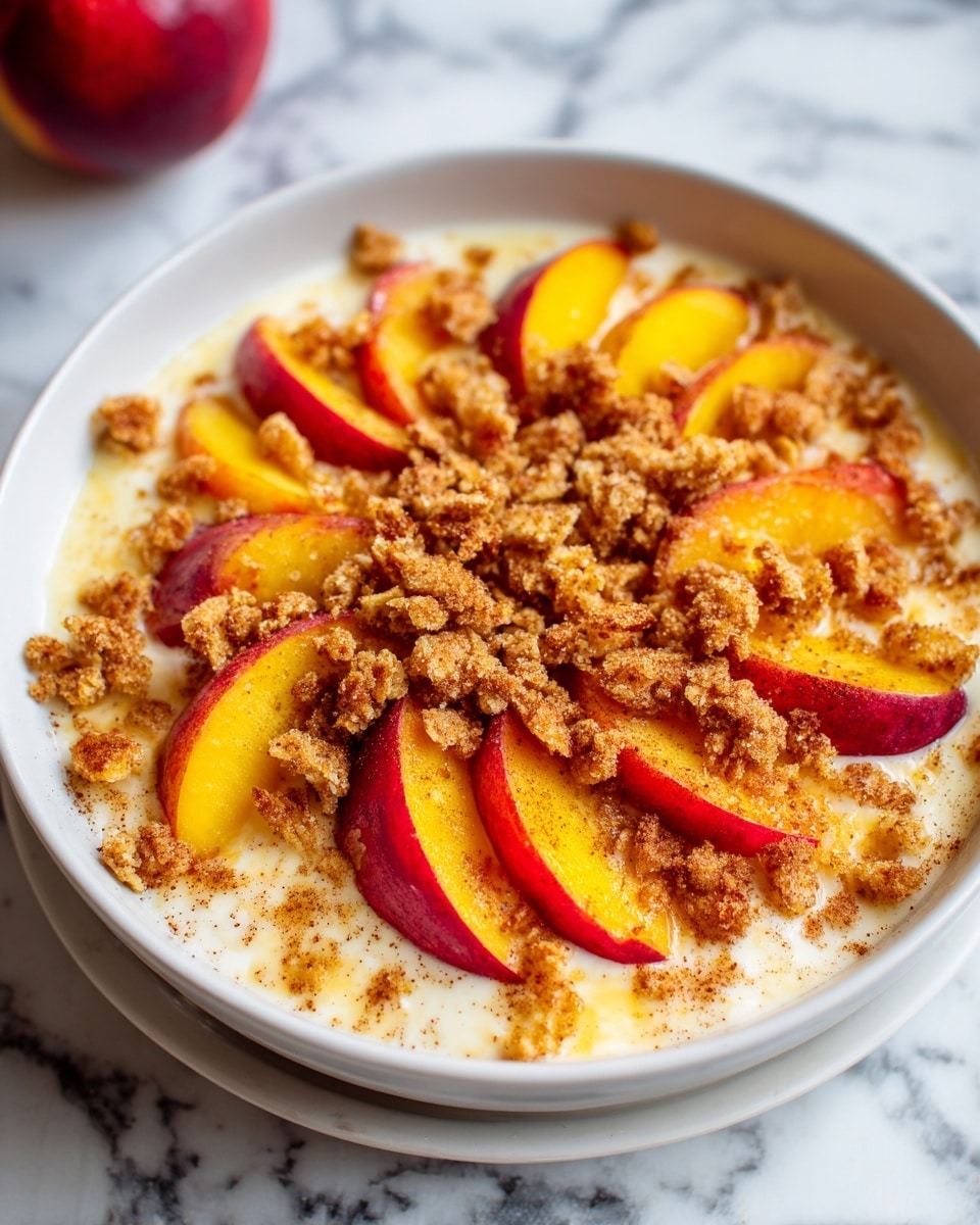 A white bowl holds a dish with three main layers: at the bottom is a creamy, white cottage cheese with a slightly lumpy texture; the middle layer consists of bright, juicy peach slices with red skin edges; on top there are golden brown, crumbly pieces of baked crumble covering some parts of the peaches, sprinkled lightly with cinnamon powder. The bowl sits on a white marbled surface, showing rustic wooden edges and a red apple is slightly visible at the back. photo taken with an iphone --ar 4:5 --v 7
