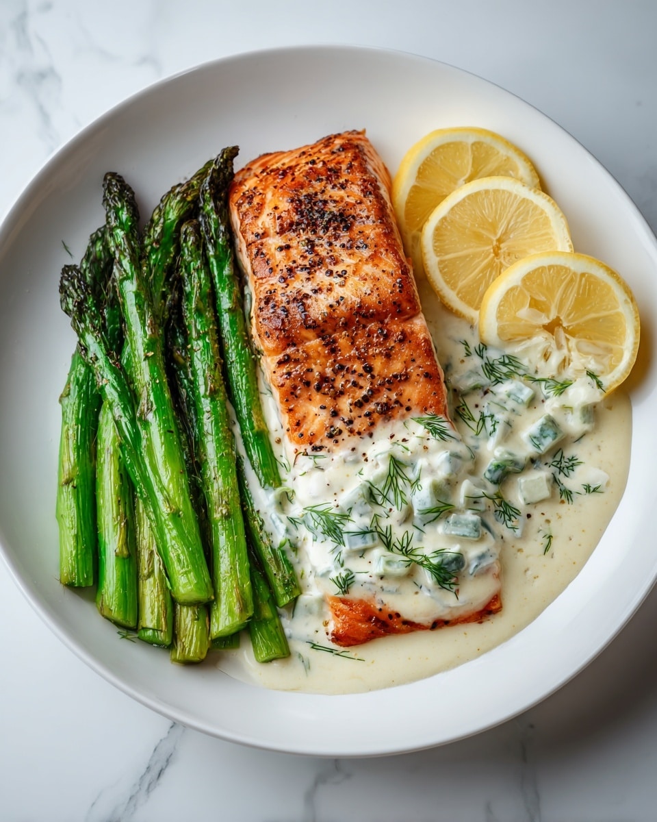 A white plate with one large salmon fillet in the middle, cooked with a golden brown sear and topped with a creamy white sauce mixed with small white cheese chunks and green herb sprigs, some sauce spilling onto the plate. On the left side of the salmon, there is a neat row of green roasted asparagus spears with slight char marks. At the top right, there are two yellow lemon slices leaning against the salmon. The plate is set on a white marbled texture surface. photo taken with an iphone --ar 4:5 --v 7
