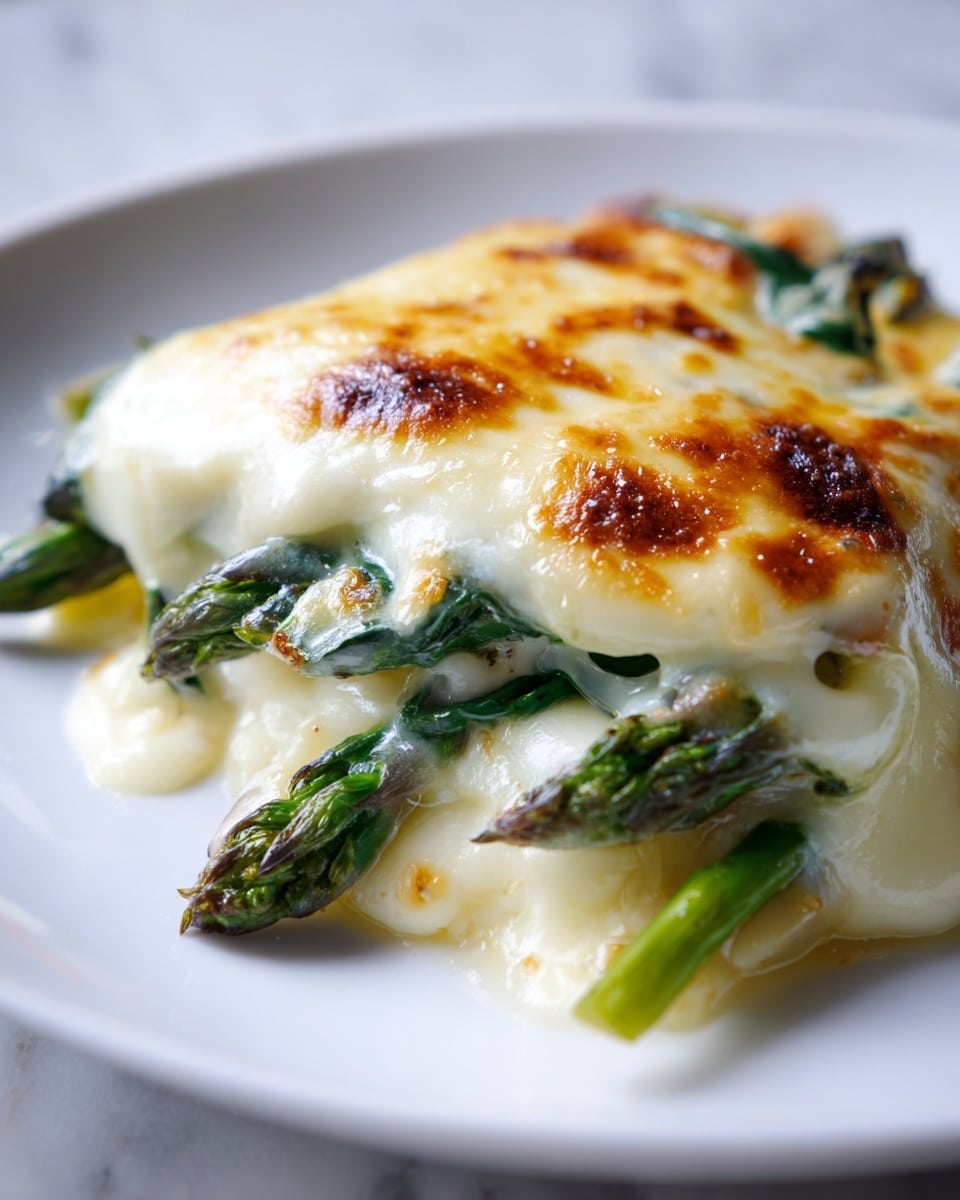 The dish shows a slice of cheesy asparagus pizza on a white plate set on a white marbled surface. The pizza has two visible layers: a thin golden brown crust at the bottom and a thick layer of melted cheese on top that is slightly browned in spots. Bright green asparagus spears are embedded under the cheese, some showing through the melted, gooey texture. The cheese is glossy and stretches lightly where a piece is partially separated. Photo taken with an iphone --ar 4:5 --v 7