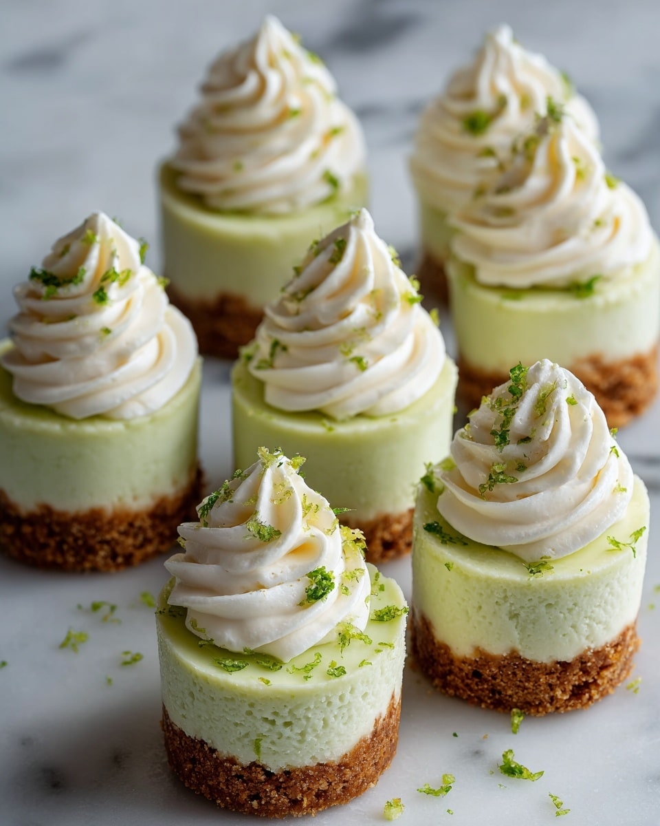 The image shows several small lime cheesecake cups arranged closely together on a white marbled surface. Each cheesecake has three layers: a crumbly, brown cookie crust at the bottom, a smooth, light green lime-flavored filling in the middle, and a swirl of white whipped cream on top. The whipped cream is piped in a circular shape with a peak, and lightly sprinkled with small green lime zest pieces. The focus is sharp on the front cheesecake, showing the texture differences clearly. Photo taken with an iphone --ar 4:5 --v 7