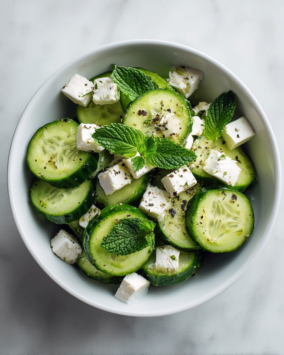 A white bowl filled with several thick cucumber slices layered evenly, each slice showing a light green color with darker green edges. Scattered among the cucumber slices are small white cubes of cheese, adding a soft texture contrast. On top of the salad, bright green fresh mint leaves are placed for decoration, along with a sprinkle of black pepper and fine herbs that add detail to the surface. The bowl is set on a white marbled surface. Photo taken with an iphone --ar 4:5 --v 7