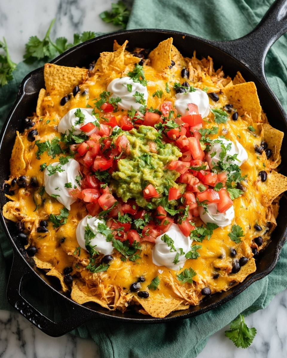 A black pan holds a layered dish with three clear layers starting with shredded chicken mixed with black beans at the bottom, covered by a layer of melted yellow cheddar cheese with black beans scattered on top, and finished with a top layer of yellow tortilla chips placed around the edge. On top of the cheese, there are dollops of white sour cream, small diced red tomato pieces, bright green guacamole, and fresh green cilantro leaves scattered for garnish. The pan rests on a green cloth over a white marbled surface. Photo taken with an iphone --ar 4:5 --v 7