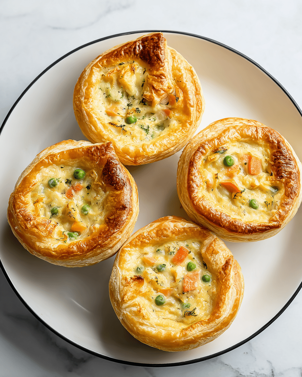 A close-up of five small round pies on a black plate, each pie has a golden-brown puff pastry crust with a raised edge. The center of each pie has creamy white sauce with visible chunks of orange carrot and green peas, giving a colorful contrast. The pies have flaky layers in the crust and a slightly shiny surface from baking. The plate is on a white marbled surface. Photo taken with an iphone --ar 4:5 --v 7