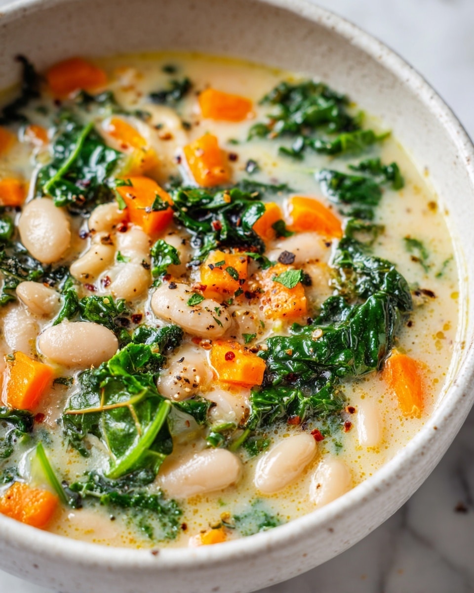 A close-up view of a bowl filled with a light, brothy soup that has a mix of white beans, small bright orange carrot cubes, and dark green leafy kale pieces floating in it. The soup has a slightly translucent golden broth with visible black pepper seasoning sprinkled on top. The bowl is white and sits on a white marbled surface, giving a clean and fresh look to the scene. photo taken with an iphone --ar 4:5 --v 7