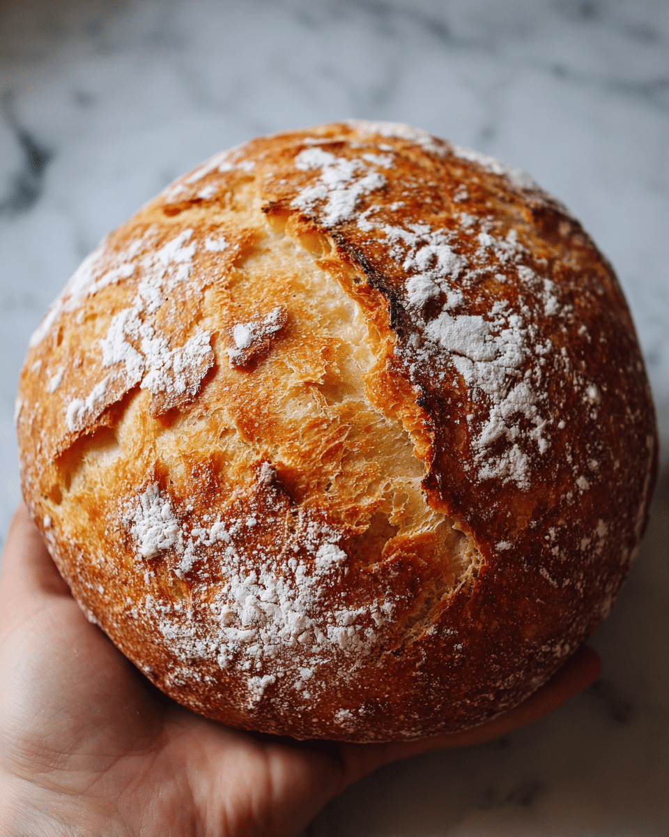 A close-up image of a round loaf of bread with a golden-brown crust, dusted lightly with flour, showing a slightly cracked texture on the top. The bread has a rustic and crunchy look with a soft inside visible through the cracks. A woman’s hand is holding the loaf gently against a background with a white marbled texture. Photo taken with an iphone --ar 4:5 --v 7