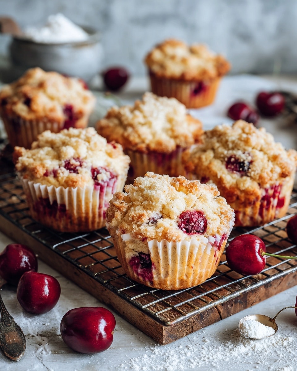 The image shows seven cherry cobbler muffins with a crumbly, light brown topping spread thickly over each muffin, forming the top layer. The muffins have a golden-brown base with visible dark red cherry bits peeking through the sides. They are placed on a metal cooling rack above a wooden surface. Around the muffins, there are a few whole dark red cherries scattered and some empty white paper muffin liners with crumbs inside. In the blurred background, there are more muffins, a spoon with some white powder on the wooden surface, and a soft, warm lighting giving the scene a cozy feel. photo taken with an iphone --ar 4:5 --v 7