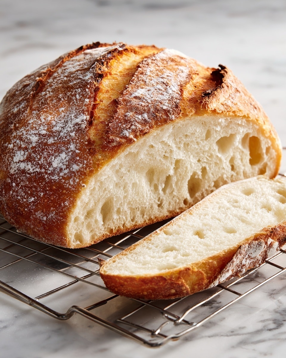 A round loaf of bread with a thick, crispy golden-brown crust that has some darker toasted spots and a dusting of flour on top. The bread is cut in half to show the inside, which has a soft, light beige color with large airy holes and a spongy texture. The bread rests on a silver wire cooling rack placed on a white marbled surface with a soft background that is out of focus. photo taken with an iphone --ar 4:5 --v 7