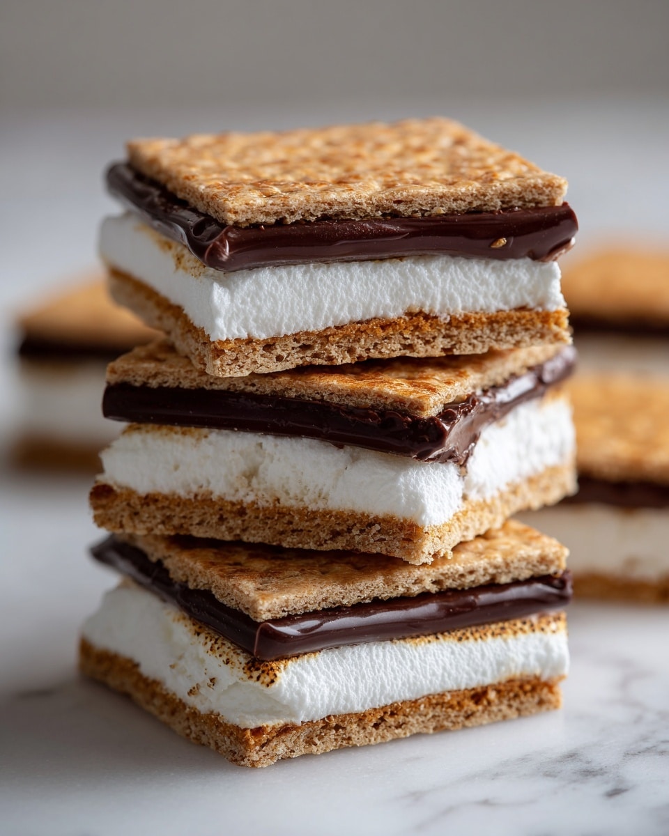 The image shows several square layered s'mores treats arranged on a white marbled surface. Each treat has three layers of light brown graham cracker on the top, middle, and bottom, with a thick fluffy white layer of marshmallow just above a smooth, dark brown chocolate layer in the middle. The textures contrast between the crumbly crackers, soft marshmallow, and dense chocolate. The treats are neatly cut with clean edges, and two are stacked in the front center while others are spread around in the background. photo taken with an iphone --ar 4:5 --v 7