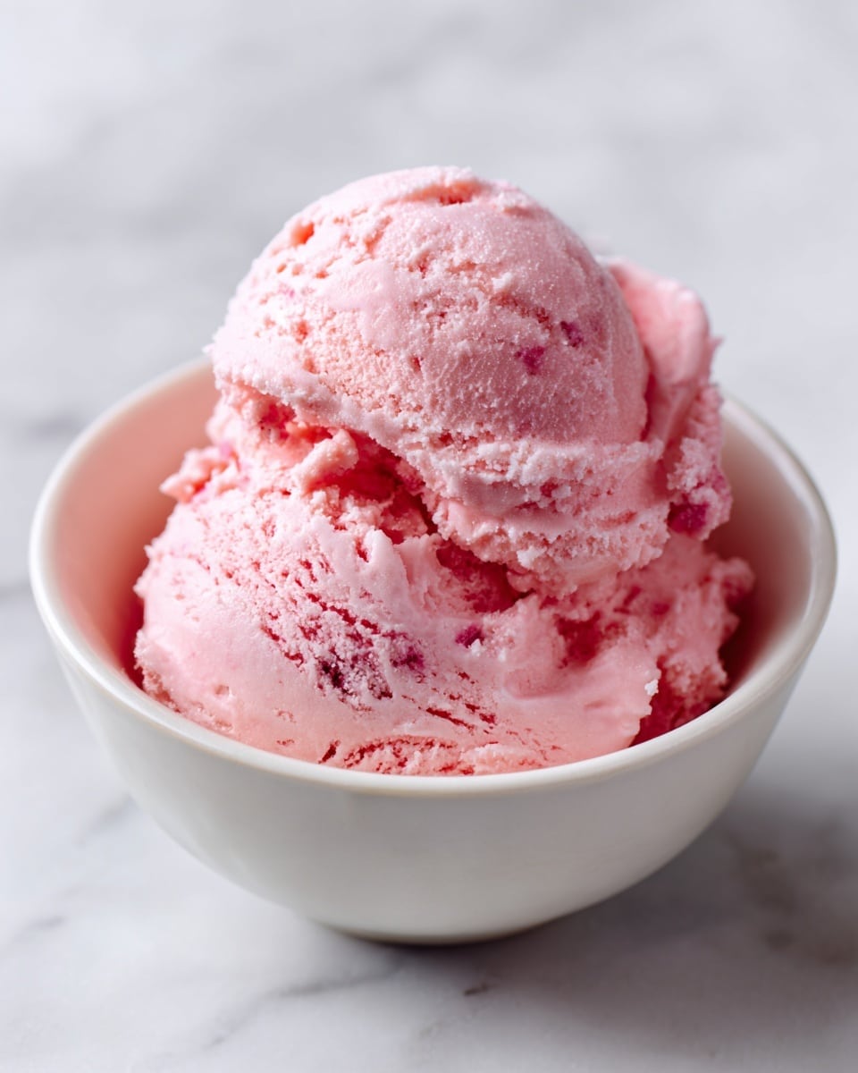 A single scoop of pink strawberry ice cream with a slightly rough texture sits in a small white bowl. The ice cream shows soft, creamy layers with visible tiny bits of strawberry throughout, giving it a fresh and rich look. The bowl rests on a white marbled surface. The lighting highlights the smooth, cold texture of the ice cream, making it look very appetizing, photo taken with an iphone --ar 4:5 --v 7