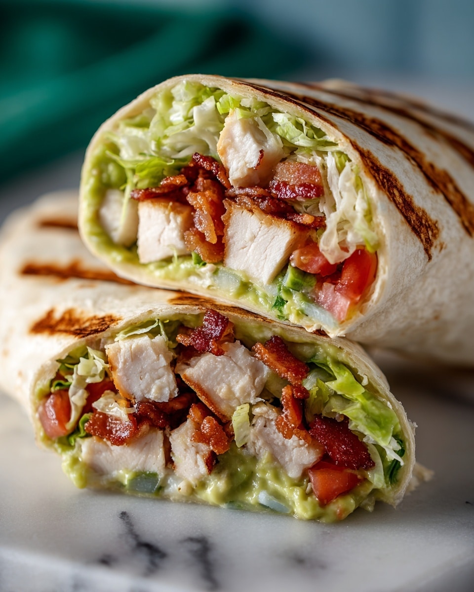 A close-up image of a wrapped tortilla sandwich cut in half, showing multiple layers inside. The outer layer is a light beige tortilla with slight brown toasting marks. Inside, the first visible layer is bright green lettuce leaves, followed by white pieces of cooked chicken. There are crispy dark reddish-brown bacon strips layered with vibrant red tomato chunks. At the bottom, a creamy pale green layer of avocado spread sits on the bottom with hints of light yellow scrambled eggs. The wrap rests on a white marbled surface with a blurred green background, and a woman's hand gently holds the wrap from the back. photo taken with an iphone --ar 4:5 --v 7