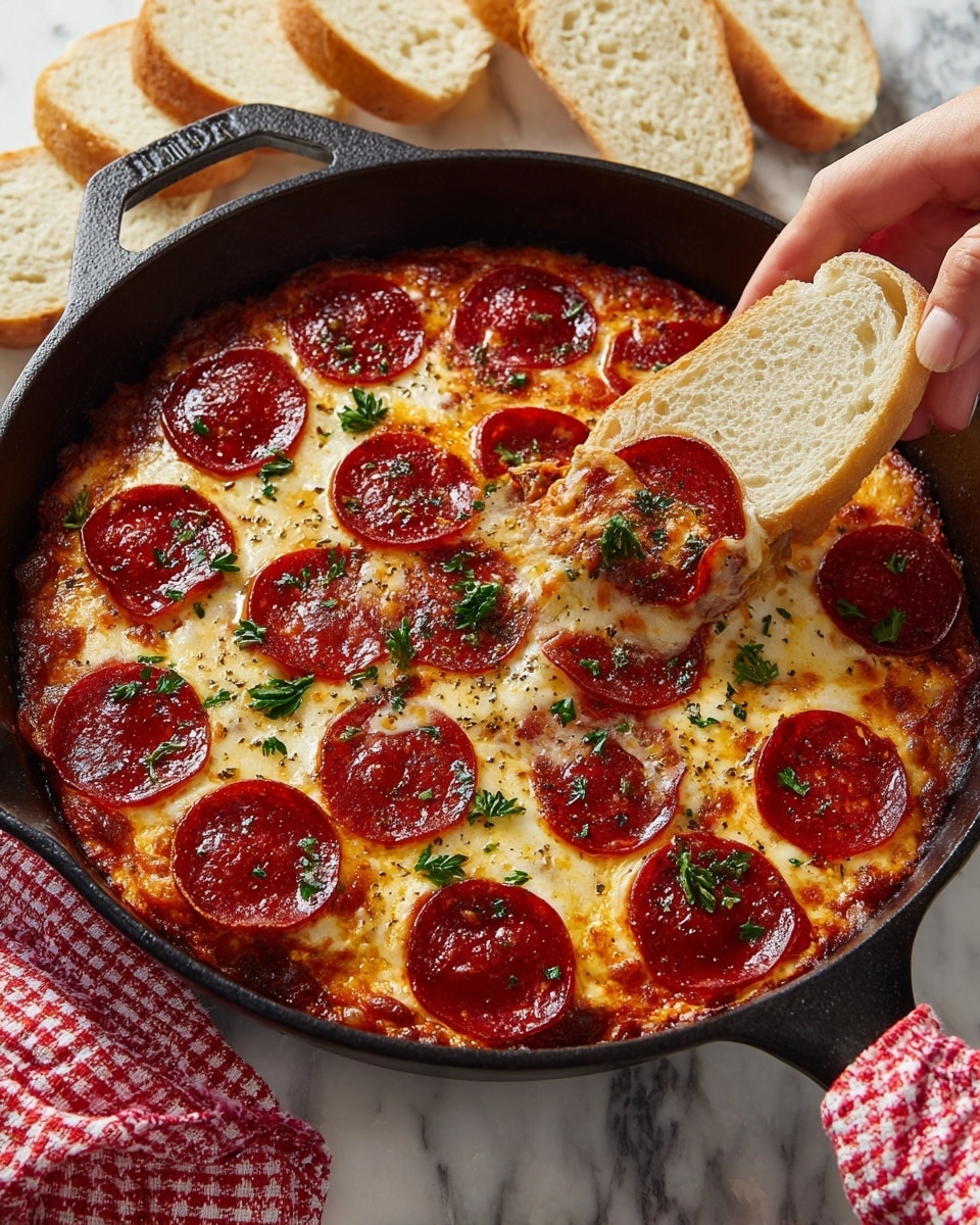 A black cast iron skillet filled with a baked dip showing three main layers: the bottom layer is a thick red tomato sauce visible at the edges, the middle layer is melted white and golden cheese with bubbly texture, and the top layer is evenly covered with round, shiny, dark red pepperoni slices sprinkled with small bits of green herbs. A piece of white bread is dipped into the center of the skillet, holding a scoop of the dip topped with pepperoni and herbs. The skillet is placed on a white marbled surface with a red and white checkered cloth partially visible in the background, along with scattered slices of white bread and green herb leaves around the edges. photo taken with an iphone --ar 4:5 --v 7