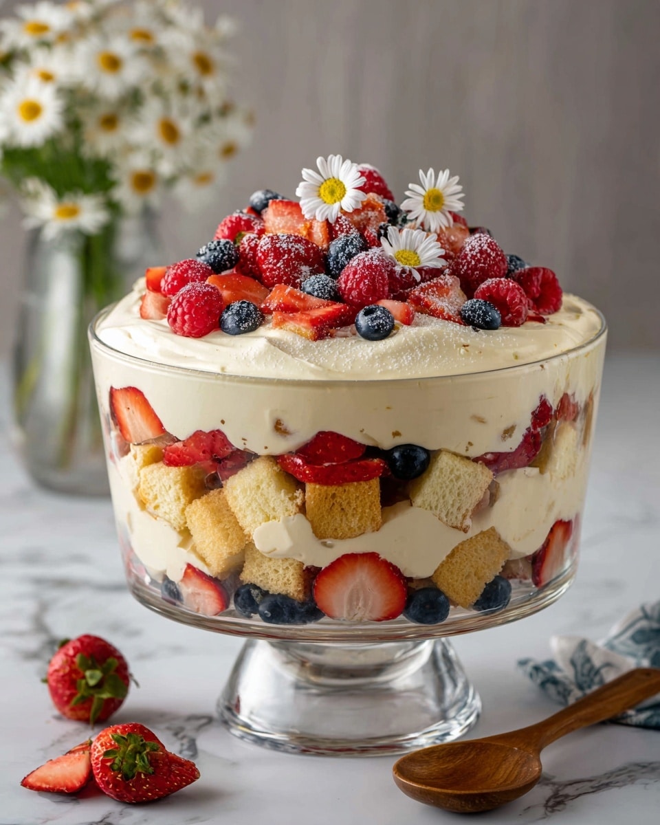 A clear glass trifle bowl holds a layered dessert starting with a base layer of sliced red strawberries and deep blue blueberries along the sides, topped with a thick layer of white creamy whipped cream. On top of this is a layer of light golden yellow sponge cake cubes mixed with more red strawberries and blueberries. Above this, there is another thick layer of white whipped cream, followed by a generous mound of fresh strawberries, blueberries, and red raspberries on top, dusted lightly with powdered sugar. The dessert is decorated with three white daisy flowers with yellow centers on the top. The bowl is placed on a surface with a white marbled texture, with a wooden spoon visible beside it and blurred white daisies in the background. photo taken with an iphone --ar 4:5 --v 7