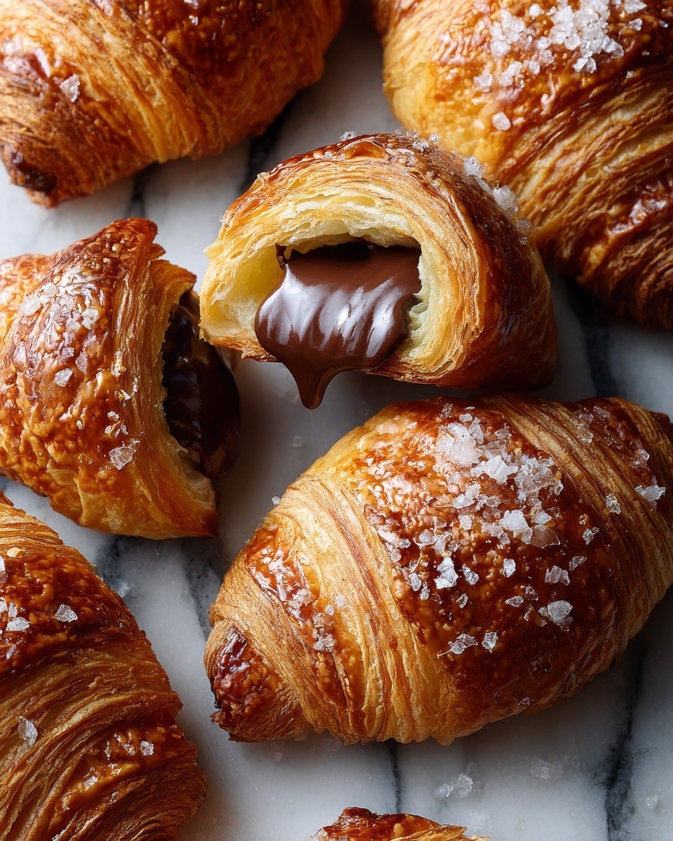 The image shows a close-up of several golden-brown puff pastries, with a flaky, layered, and shiny crust sprinkled with coarse sugar crystals on top. One pastry is cut open, revealing a thick, glossy dark chocolate filling that is slightly melting and dripping out. The pastries rest on a surface with a white marbled texture, highlighting their warm color and delicate layers. photo taken with an iphone --ar 4:5 --v 7