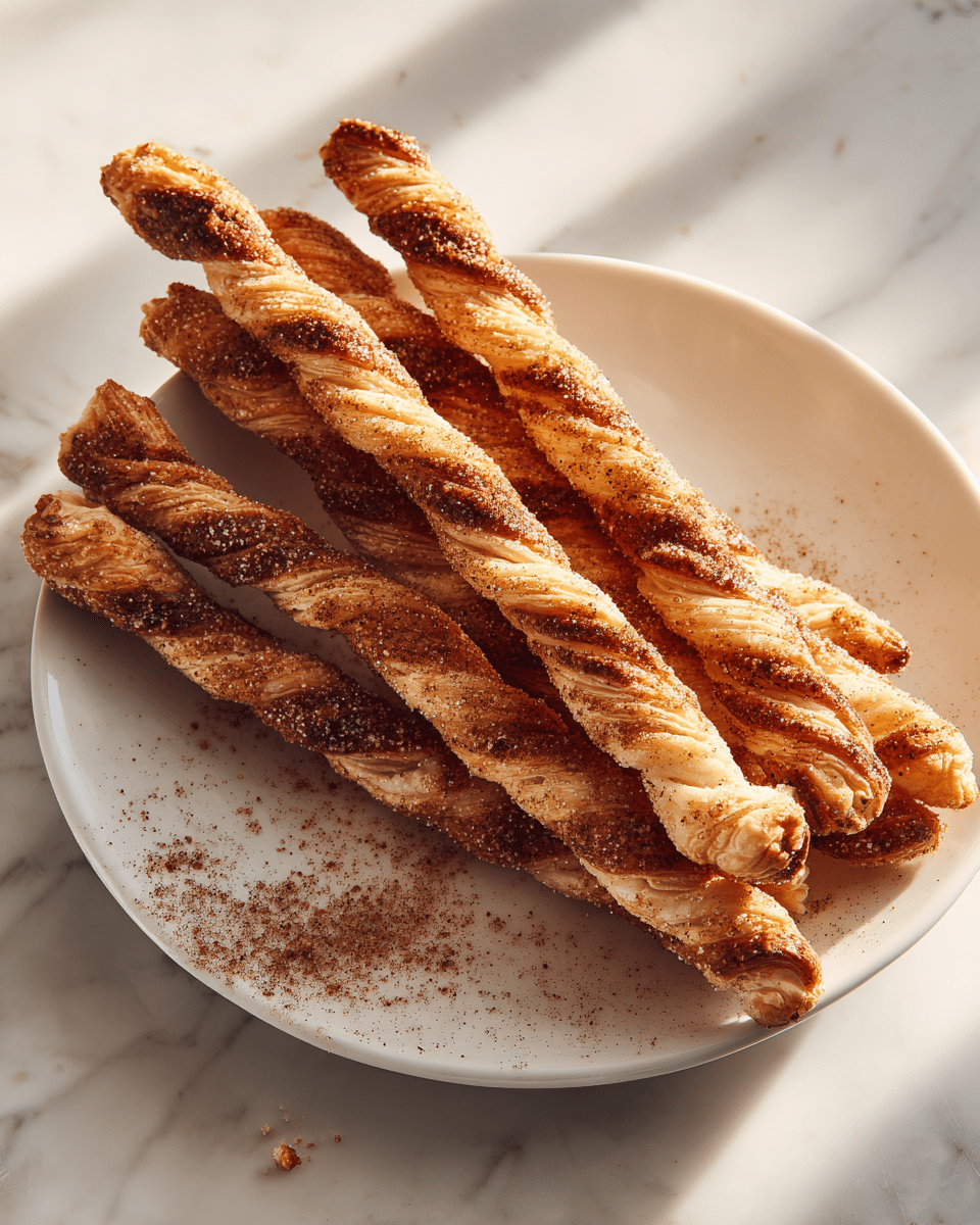 A white plate holds a stack of six twisted puff pastry sticks, each with a crispy, flaky texture and a golden brown color with darker baked spots. The sticks are coated with a layer of coarse sugar and cinnamon, which adds a sparkling and slightly rough texture on top. They lie unevenly on the plate with a few bits of sugar and cinnamon scattered around. The plate sits on a white marbled surface with soft natural light casting gentle shadows. photo taken with an iphone --ar 4:5 --v 7