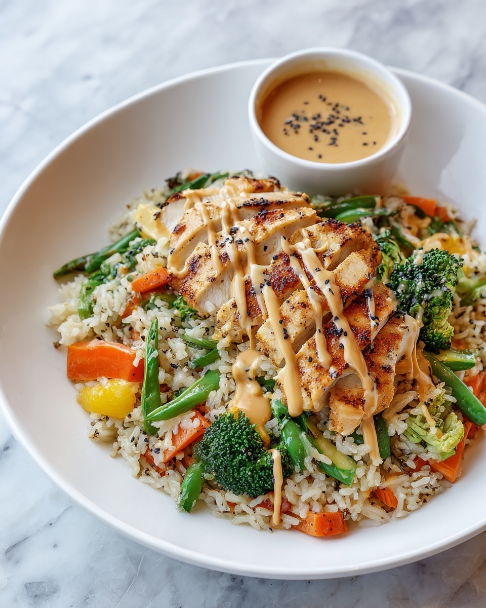 A white plate holds a bed of mixed fried rice with visible pieces of green broccoli, orange carrot strips, and leafy greens scattered throughout, creating a colorful base layer. On top, slices of grilled chicken breast with a slightly charred surface are fanned out across the rice. The chicken is drizzled with a creamy light brown sauce. To the side, a small white bowl filled with more creamy sauce sits on the edge of the plate. The whole dish is set on a white marbled surface. photo taken with an iphone --ar 4:5 --v 7