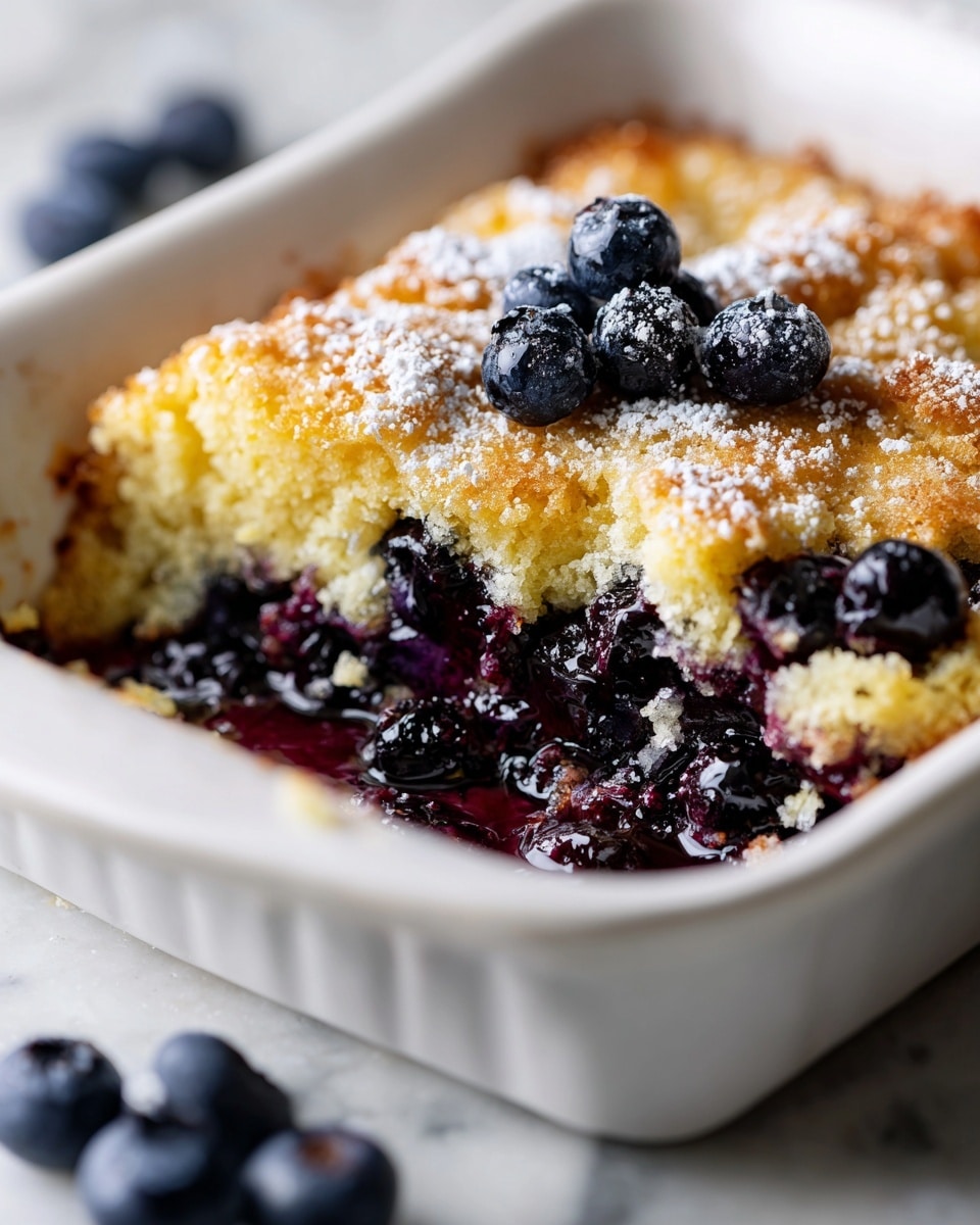 A close-up of a baked dessert in a white rectangular dish, showing two clear layers: the bottom layer is a glossy, deep purple blueberry filling with whole berries and juice, and the top layer is a golden brown, crumbly crust with a rough texture and some powdered sugar sprinkled on top. The dish sits on a white marbled surface, with some fresh blueberries blurred in the foreground. Photo taken with an iphone --ar 4:5 --v 7