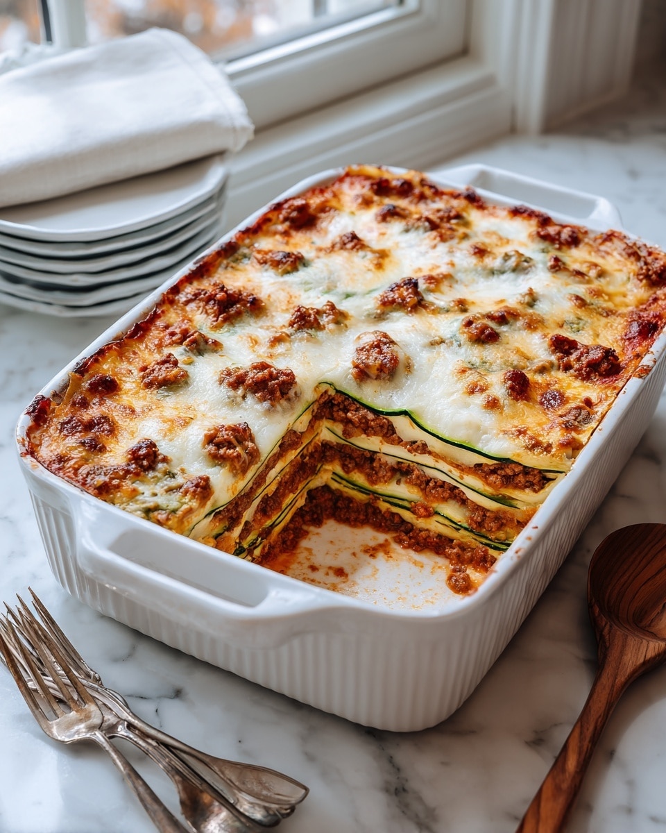 A rectangular white baking dish holds a zucchini lasagna with layers clearly visible where a portion has been cut out. The top layer is golden melted cheese with browned spots and small bits of cooked beef and zucchini peeking through. Below the cheese, several layers alternate with ground beef mixed with marinara sauce, thin slices of green zucchini, and creamy cheese layers, showing a total of about seven distinct layers. The dish sits on a white marbled countertop near a window with natural light, flanked by two forks on the left and a wooden spoon on the right. Photo taken with an iphone --ar 4:5 --v 7
