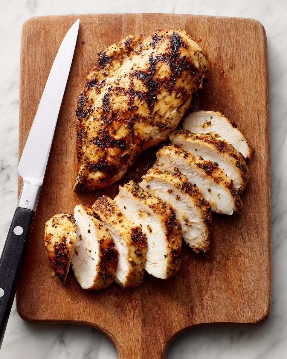 A wooden cutting board on a white marbled surface holds a grilled chicken breast sliced into nine thick pieces, showing a juicy white inside with a golden brown outside marked by dark grill lines and slight charred spots. A large kitchen knife with a shiny silver blade and a black handle lies next to the chicken on the cutting board, angled diagonally. The chicken pieces are arranged in a single layer, with the slices closer together on the right and a slightly separated piece on the left. photo taken with an iphone --ar 4:5 --v 7
